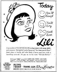 advertising for the musical Lili using a smiley in 1953